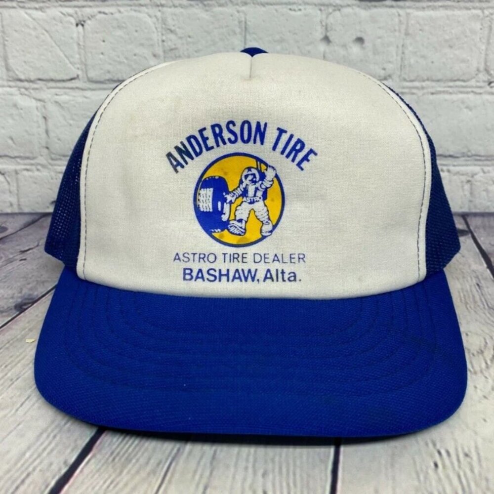 Vintage Hat Cap Snapback Blue White Anderson Tire Astro Tire Logo Trucker Mesh